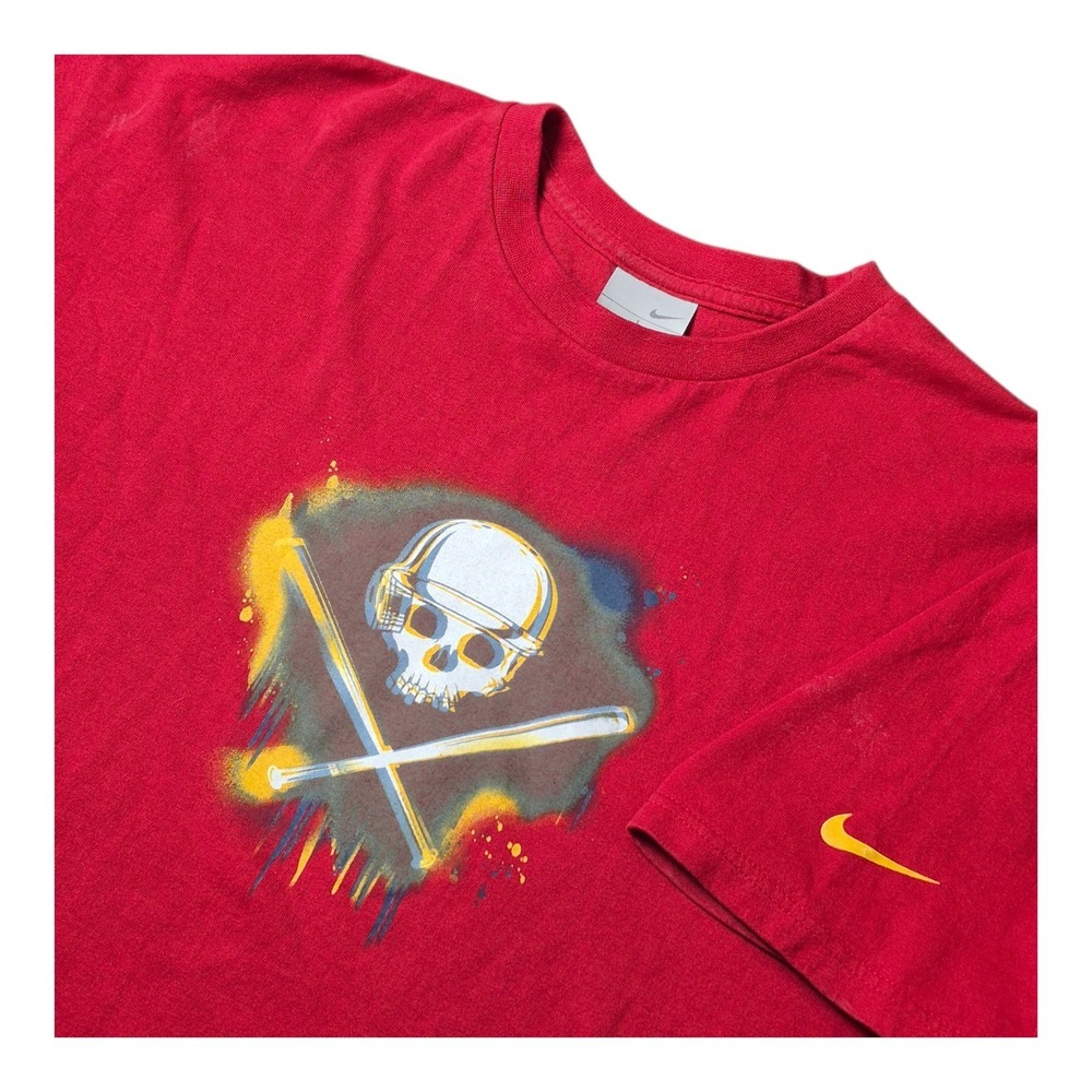 Y2K Nike Silver Tag Mens Large Skull Crossbones Baseball T Shirt Red